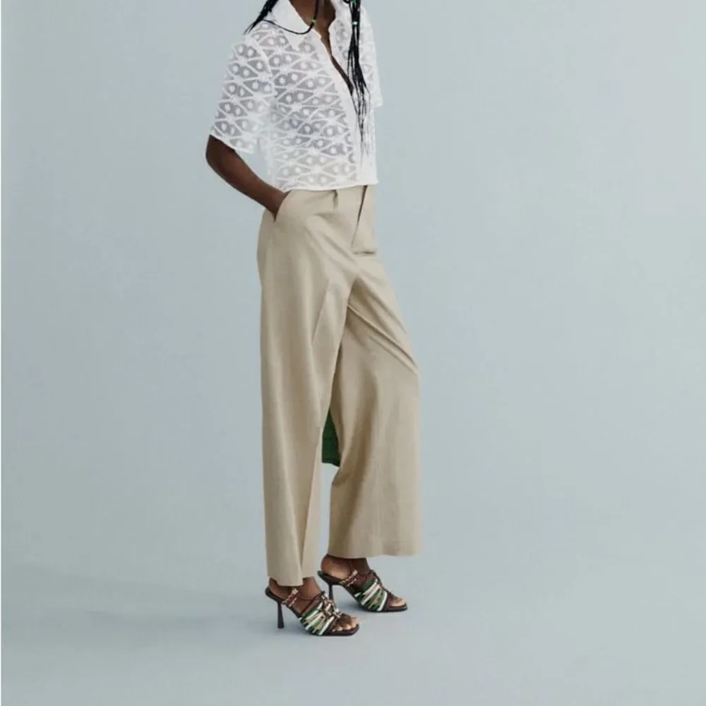 Zara Linen Blend Pants Taupe Brown